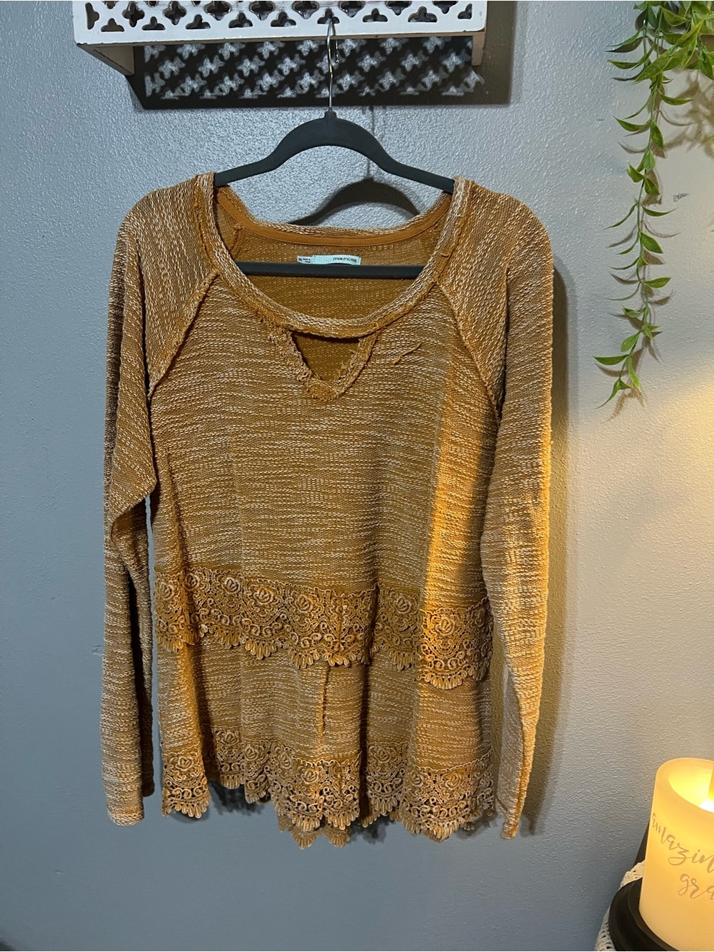 Maurices Mustard Boho Lace-Hem Knit Pullover